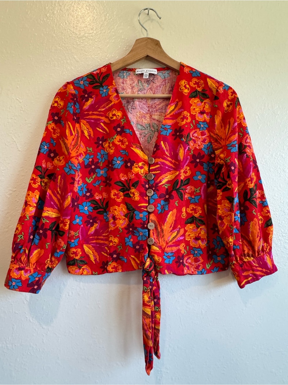 Linen Blend Vibrant Red Floral Button-Front Tie-Hem Blouse | Oversized XS